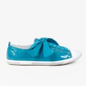 Prada Blue Patent Leather Ribbon Lace-Up Sneakers - image 1